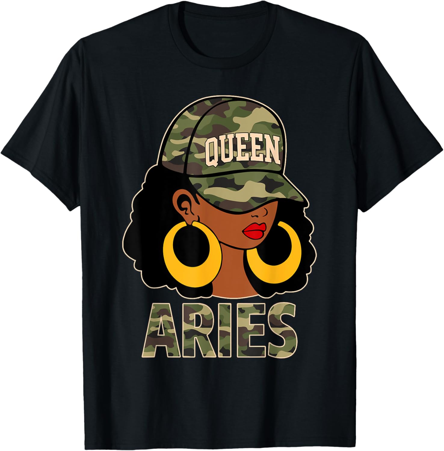 Chic Aries Queen Black Woman Cap Hat and Camo Afro Girl Zodiac T-Shirt - 8