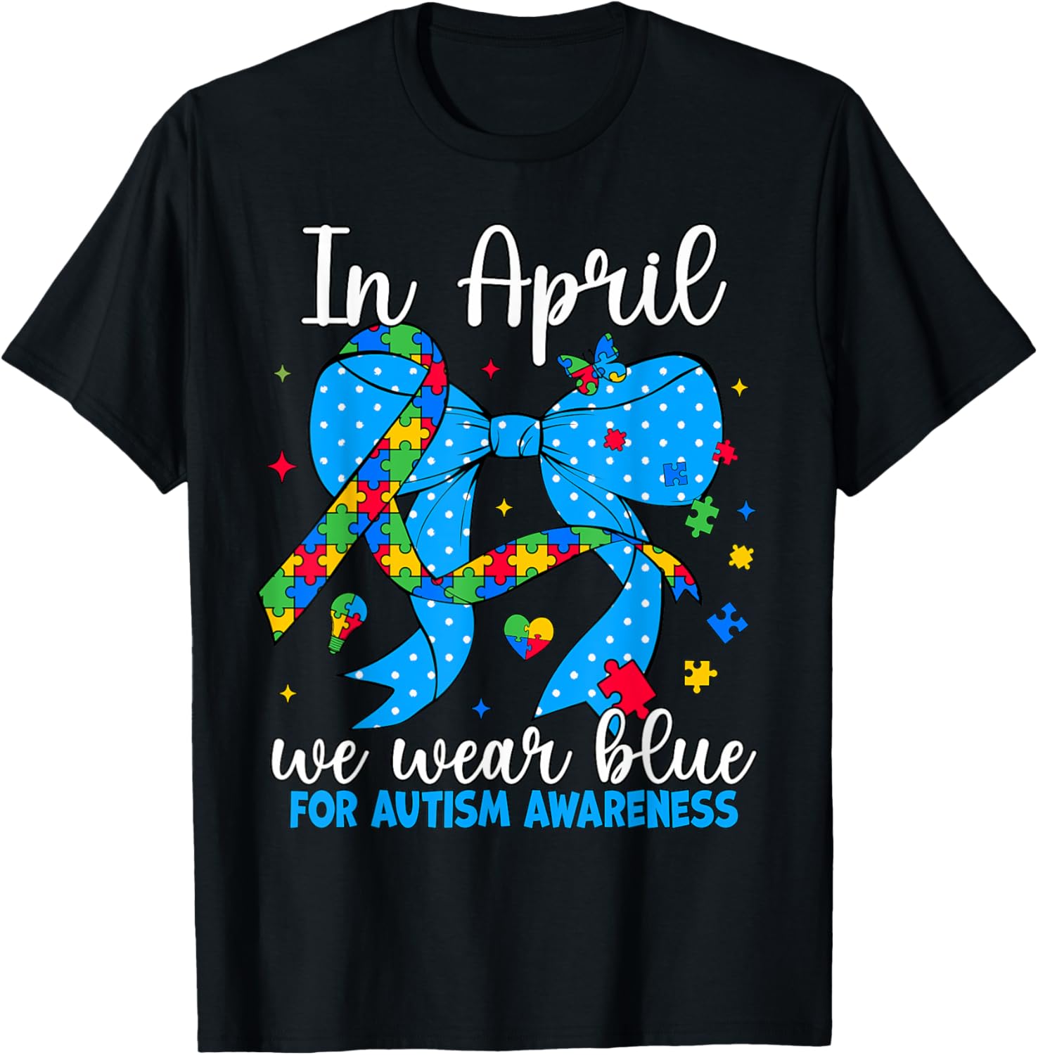 April Autism Awareness Blue Coquette Bow Puzzle T-Shirt for Support - 2