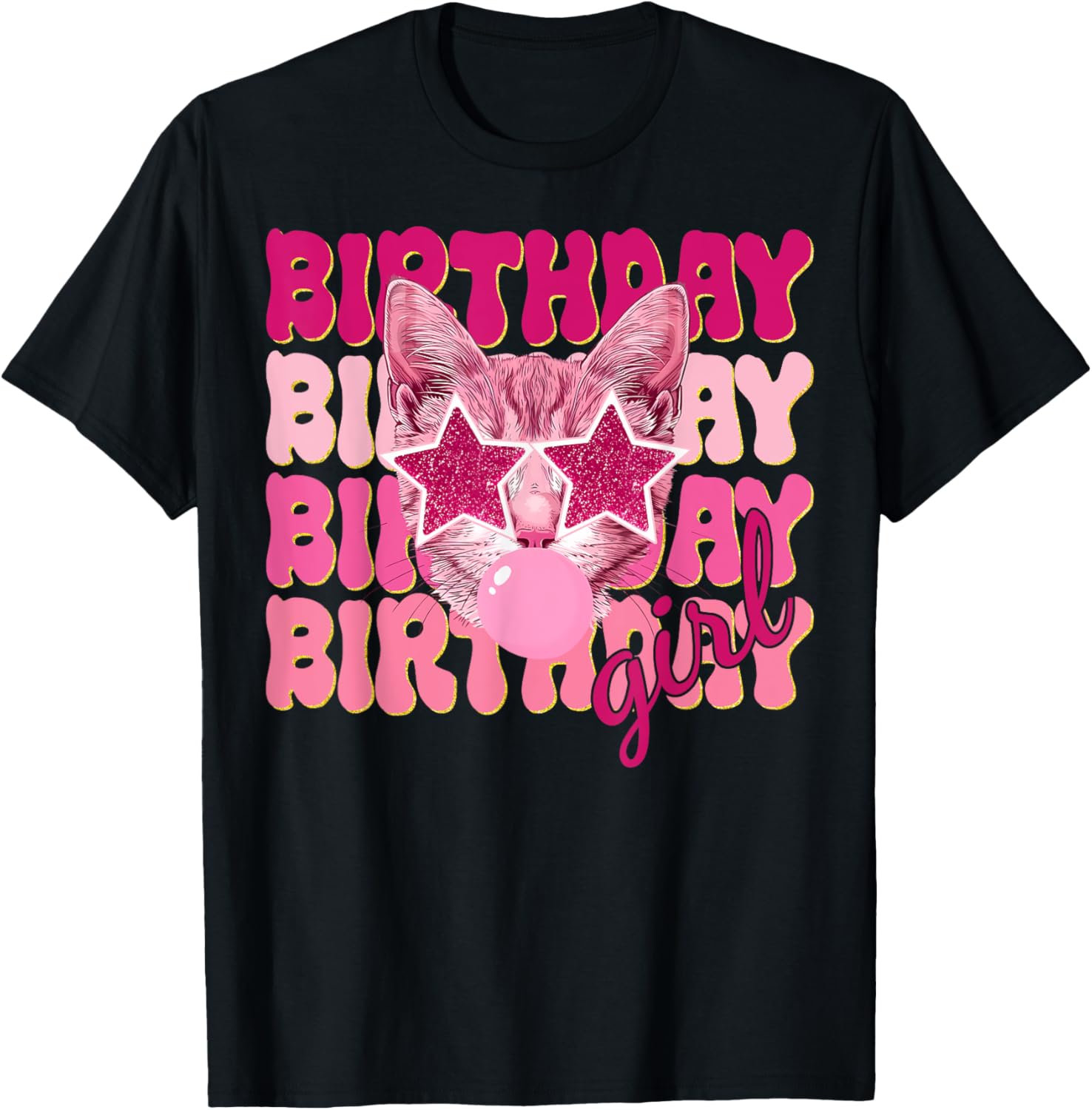 Birthday Girl Cat Bubble Blowing T-Shirt for Women Teens and Kids - 2