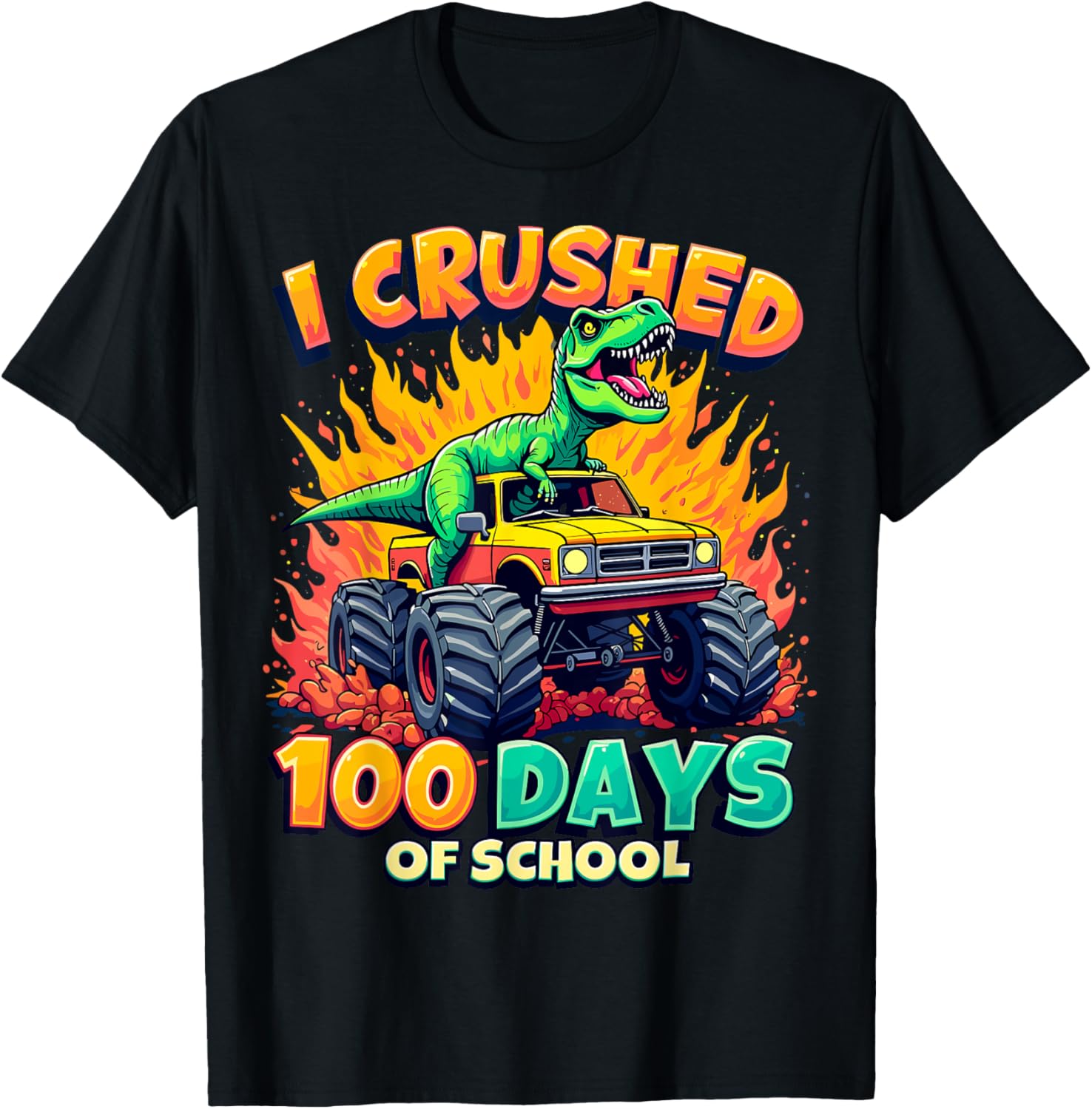 Crushed 100 Days of School Monster Truck Dinosaur T-Shirt for Kids - 15