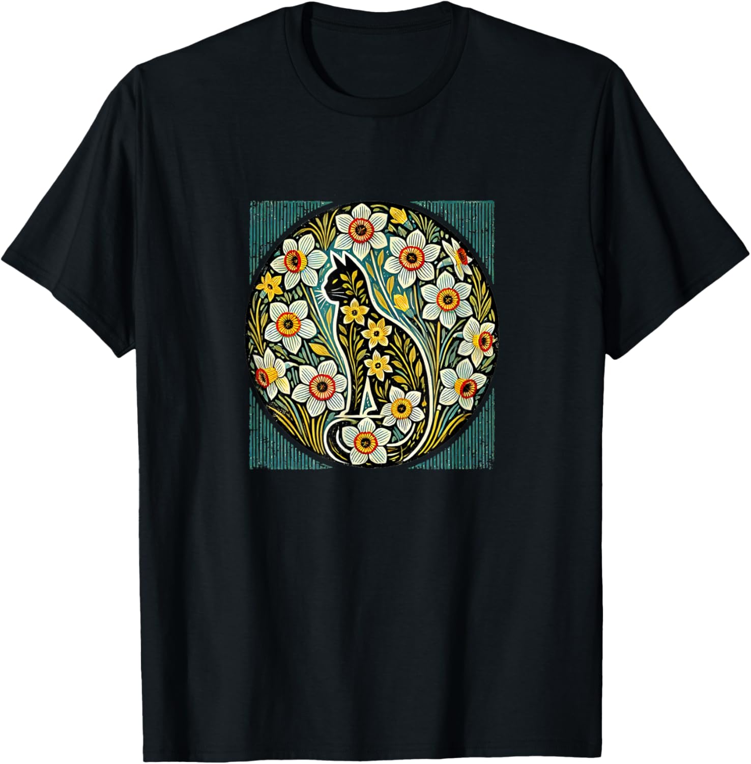 Spring Daffodil Cat Illustration T-Shirt for Kitty Lovers - Perfect for Easter - 1