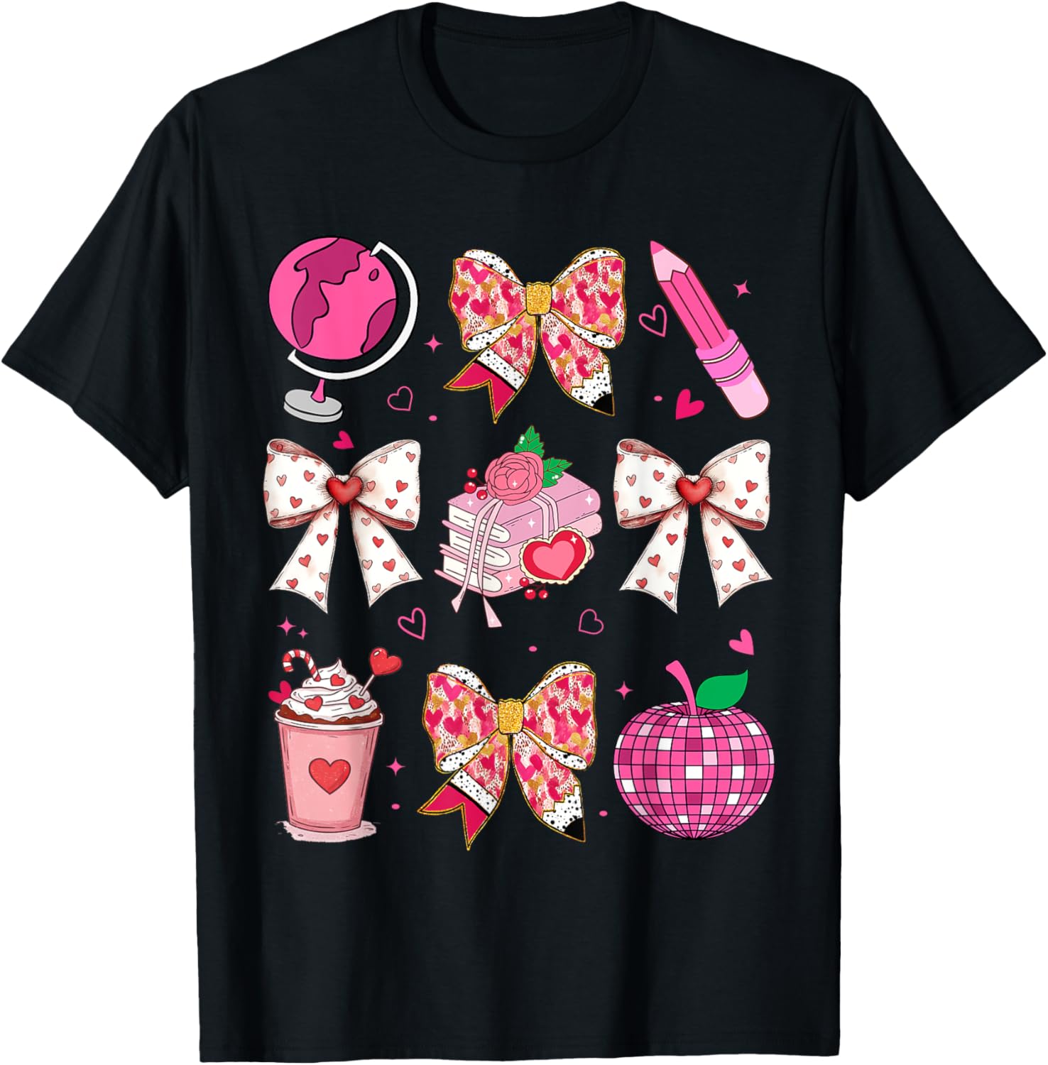 Valentine's Day Heart Bow T-Shirt for Teachers with Disco Ball Charm - 14