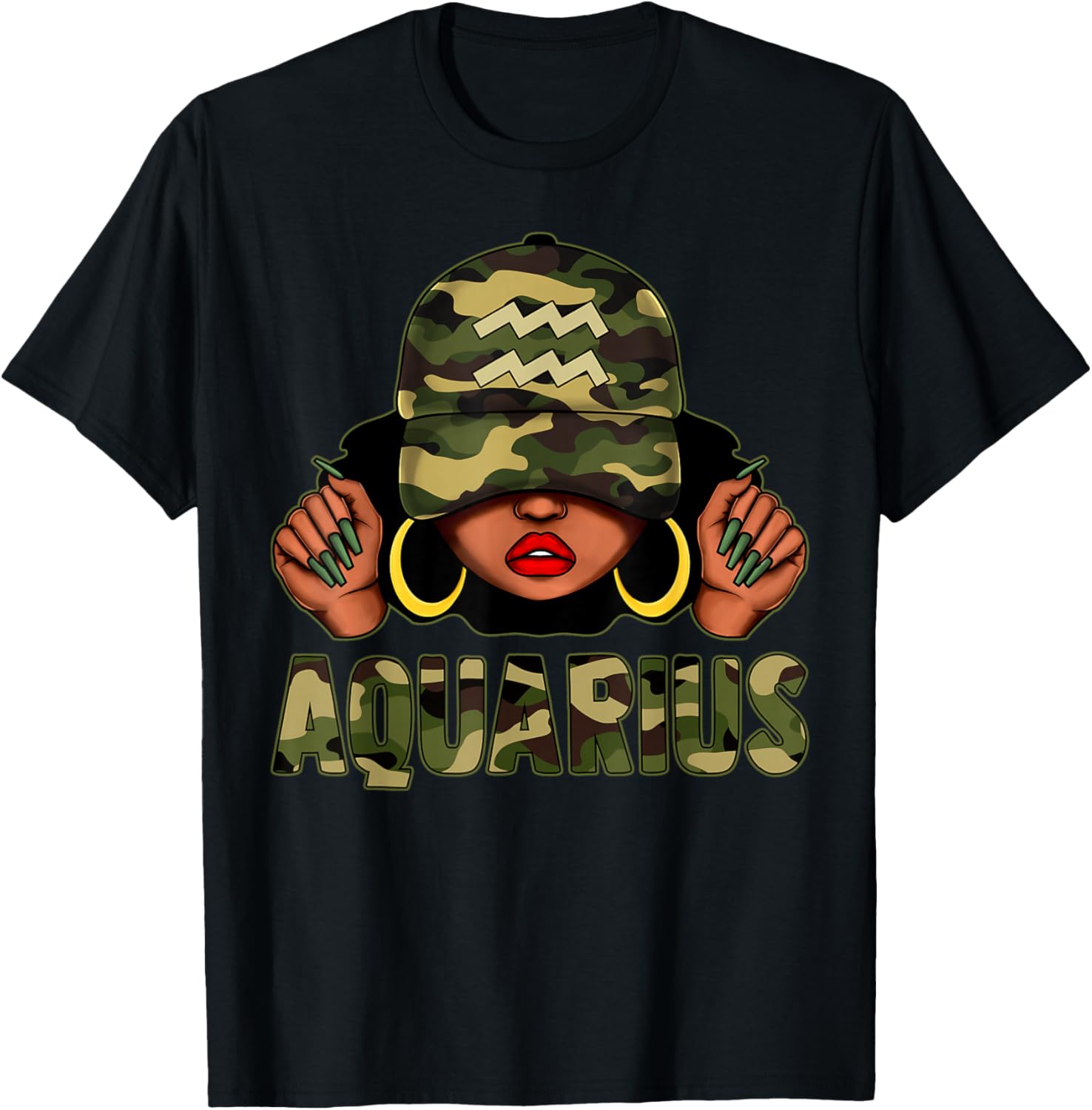 Aquarius Queen Black Woman Camo Afro T-Shirt Stylish Zodiac Apparel - 15
