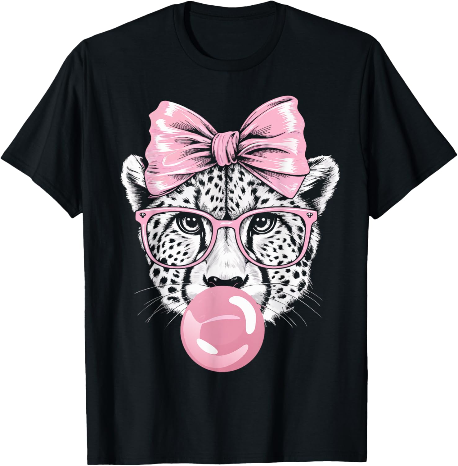 Cheetah With Glasses Blowing Pink Bubble Gum T-Shirt for Fun Fashion - 11