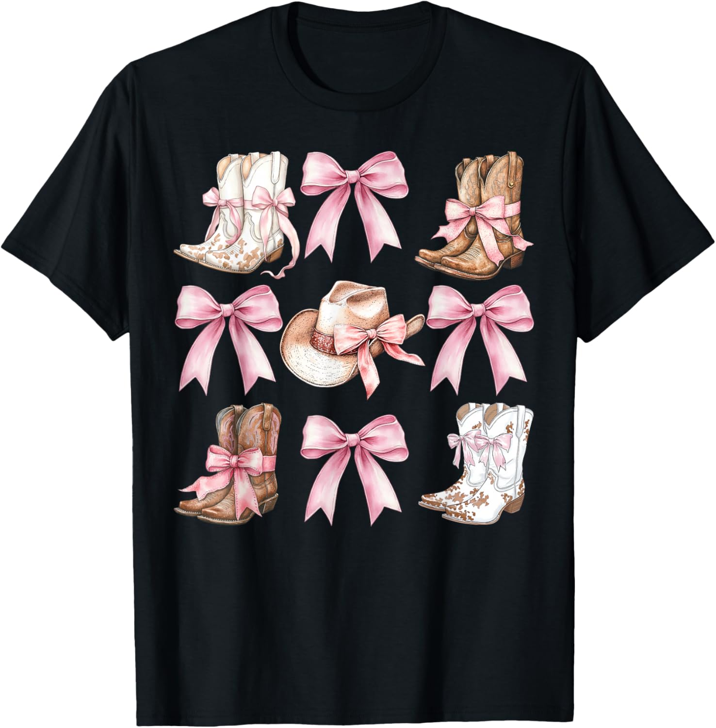 Coquette Cowgirl Boots with Pink Bows Stylish Y2K Womens T-Shirt - 8