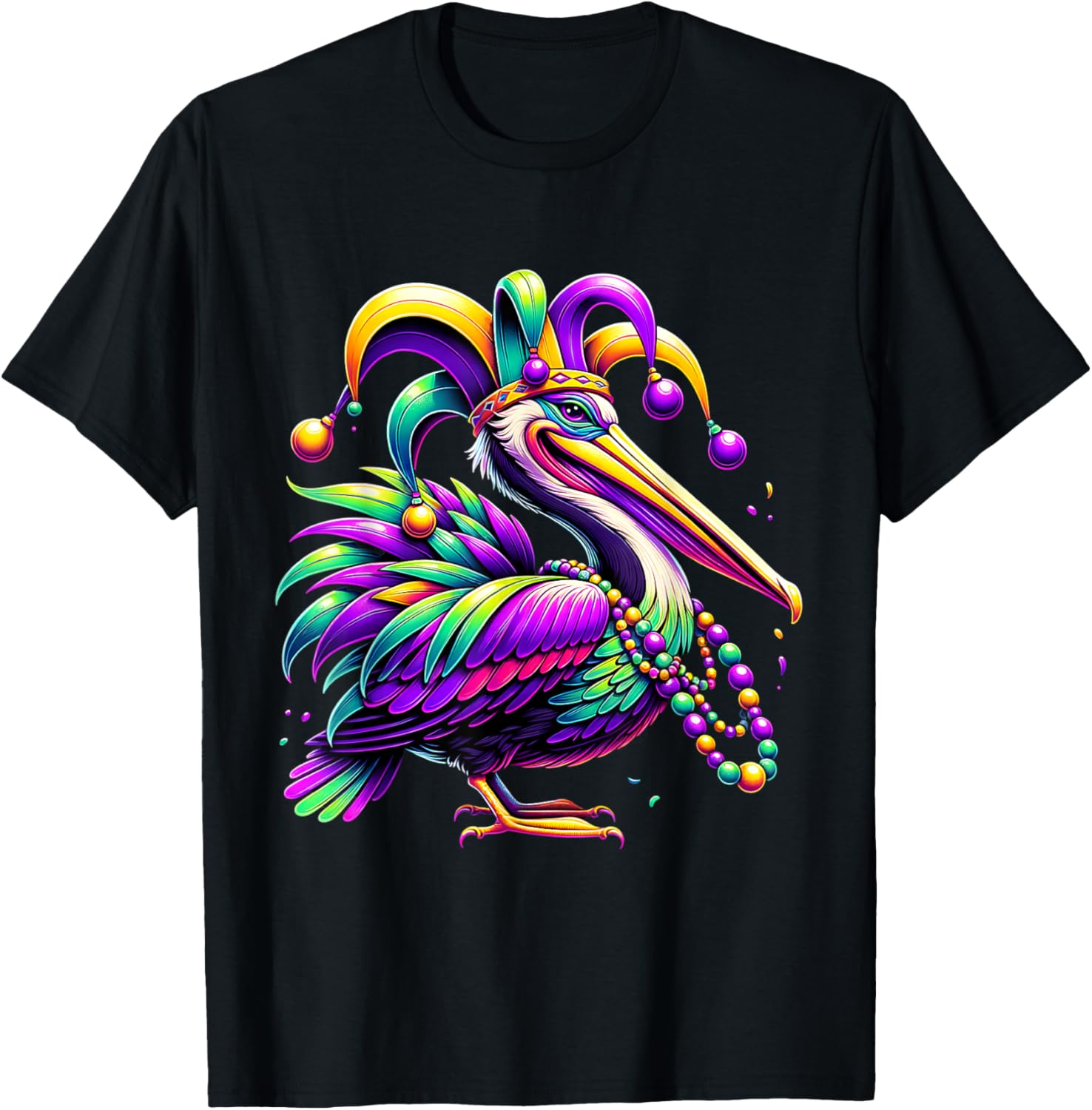 Colorful Mardi Gras Pelican Jester Hat Beads T-Shirt for Festive Fun - 2