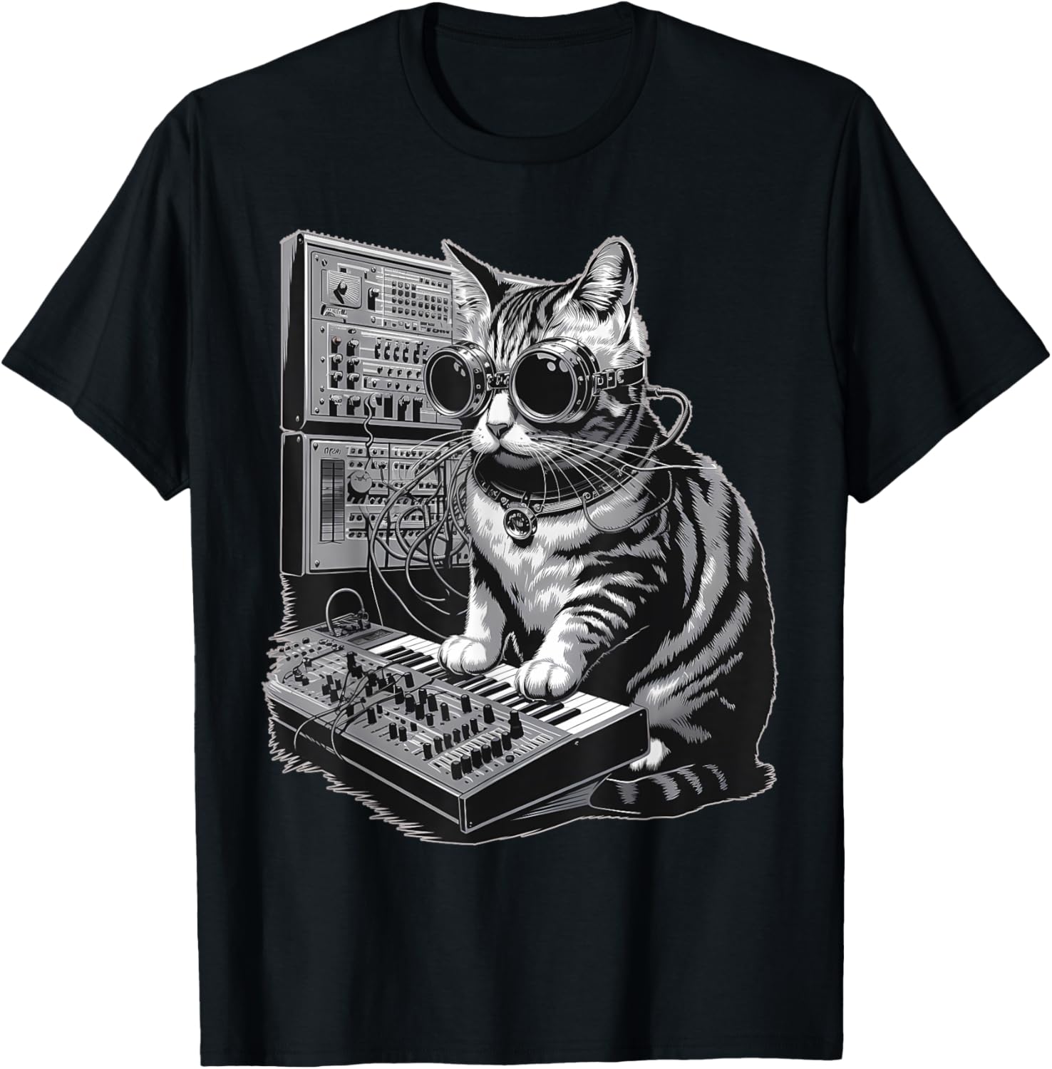 Steampunk Cat Playing Synthesizer Techno Music T-Shirt for Cat Lovers - 14