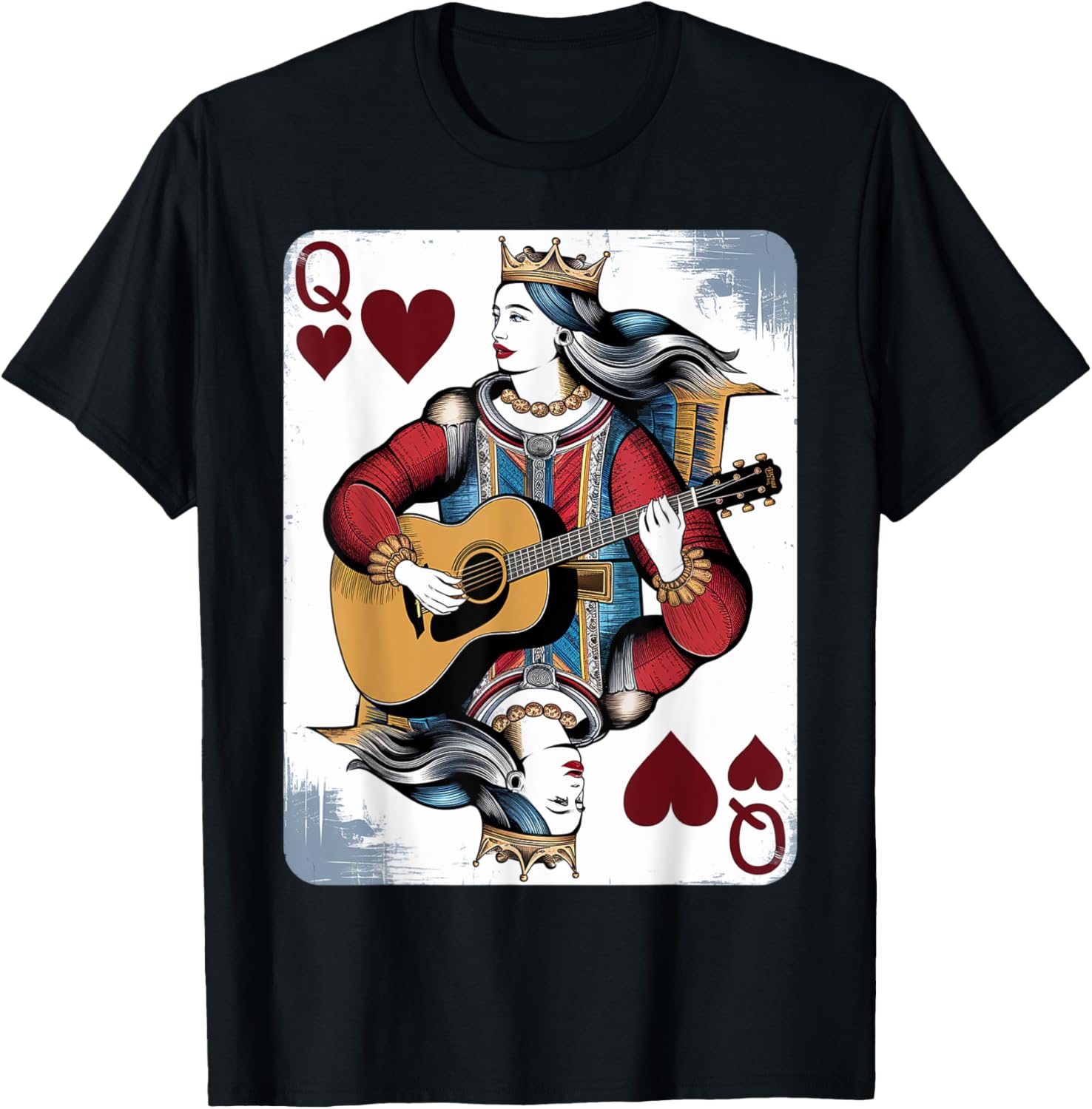 Vintage Queen of Hearts Guitarist T-Shirt for Music and Card Game Lovers - 9
