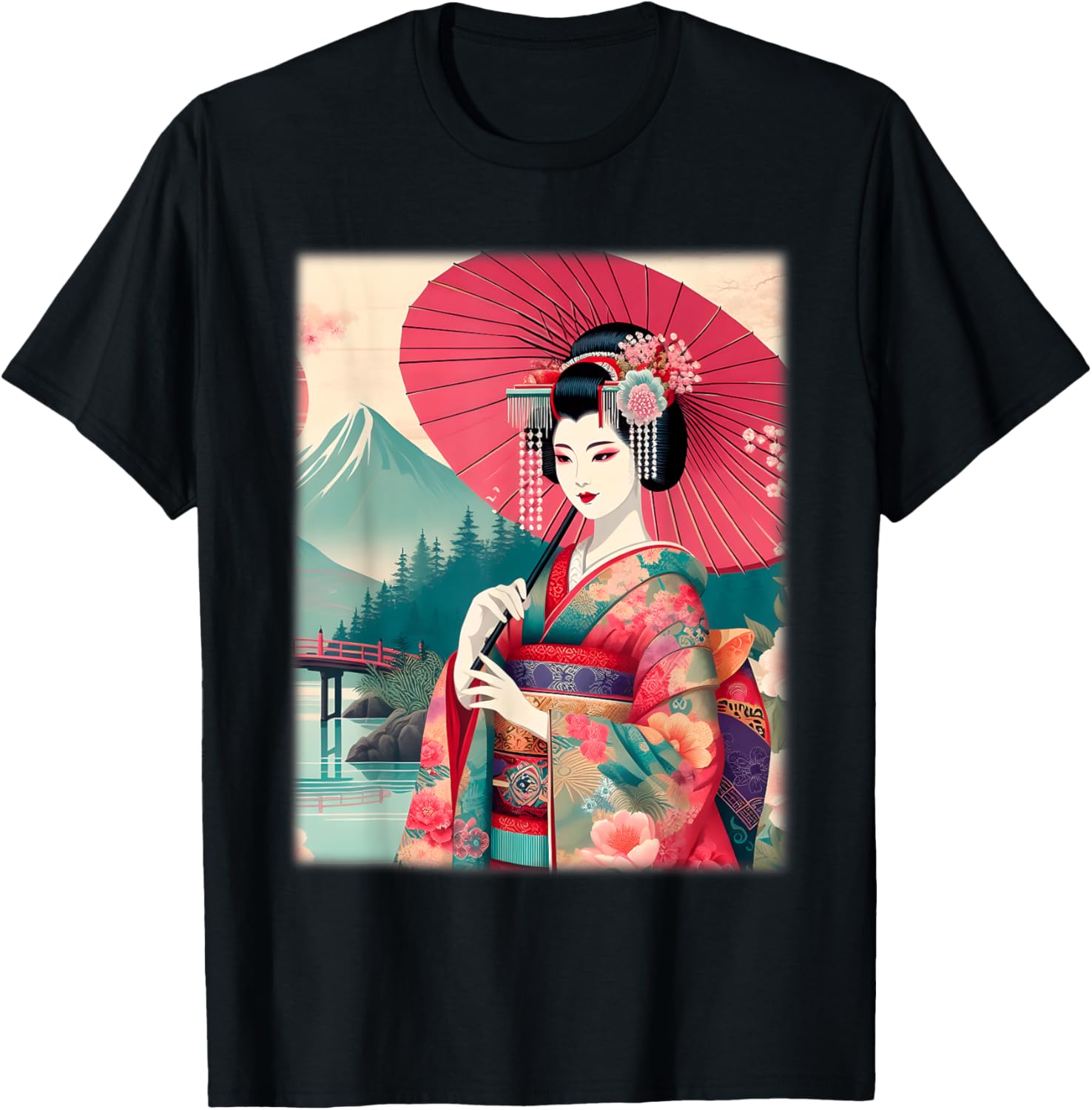Traditional Japanese Geisha Women's T-Shirt with Hanami Woodblock Art - 23
