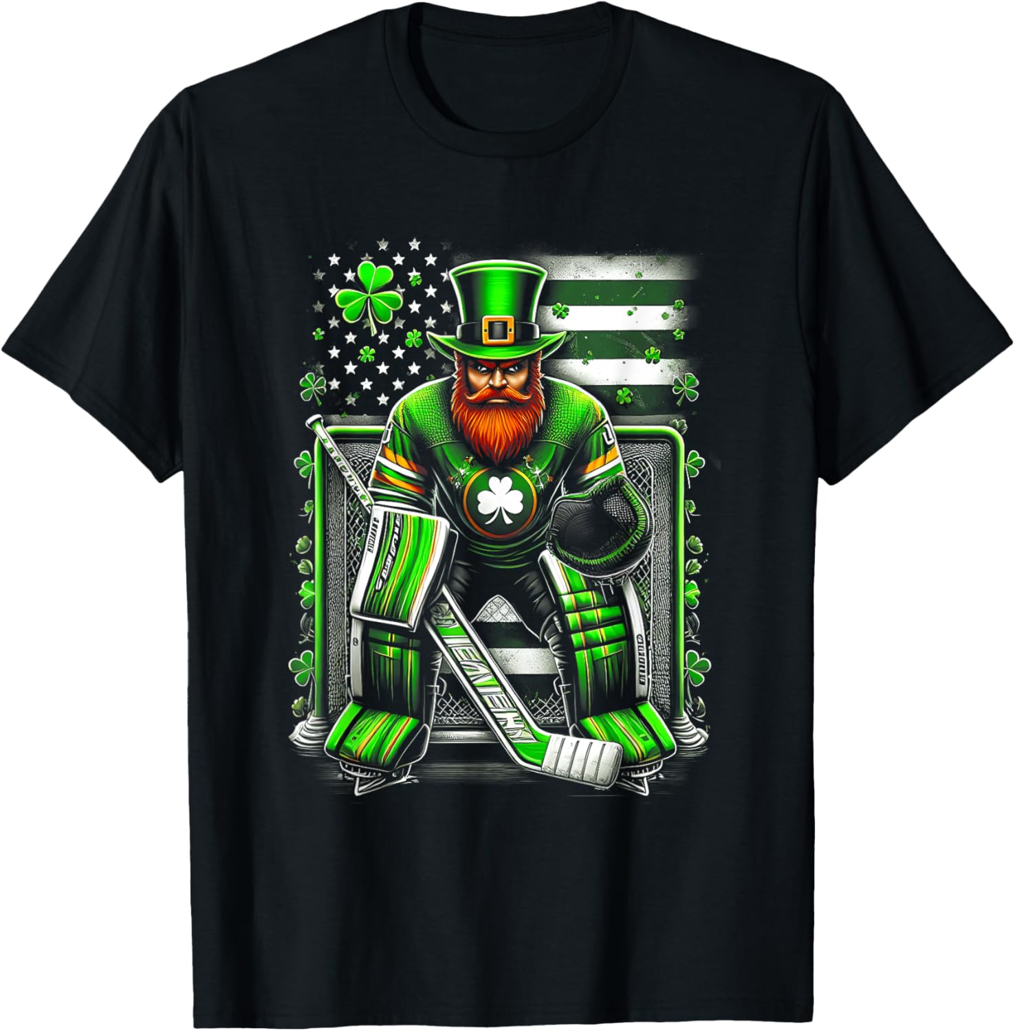 American Flag Hockey Goalie Shamrock T-Shirt for Saint Patrick's Day - 5