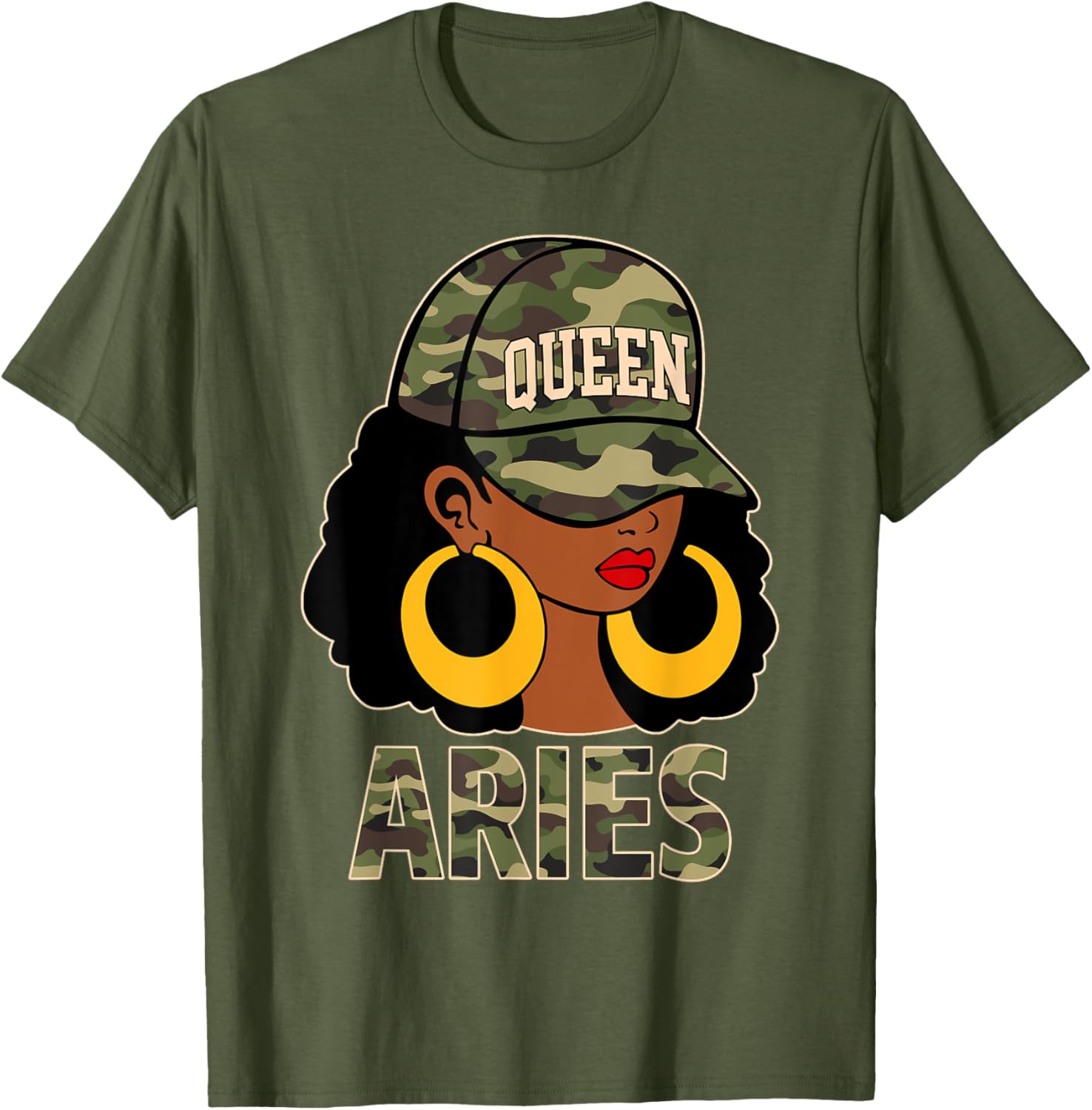 Chic Aries Queen Black Woman Cap Hat and Camo Afro Girl Zodiac T-Shirt - 6
