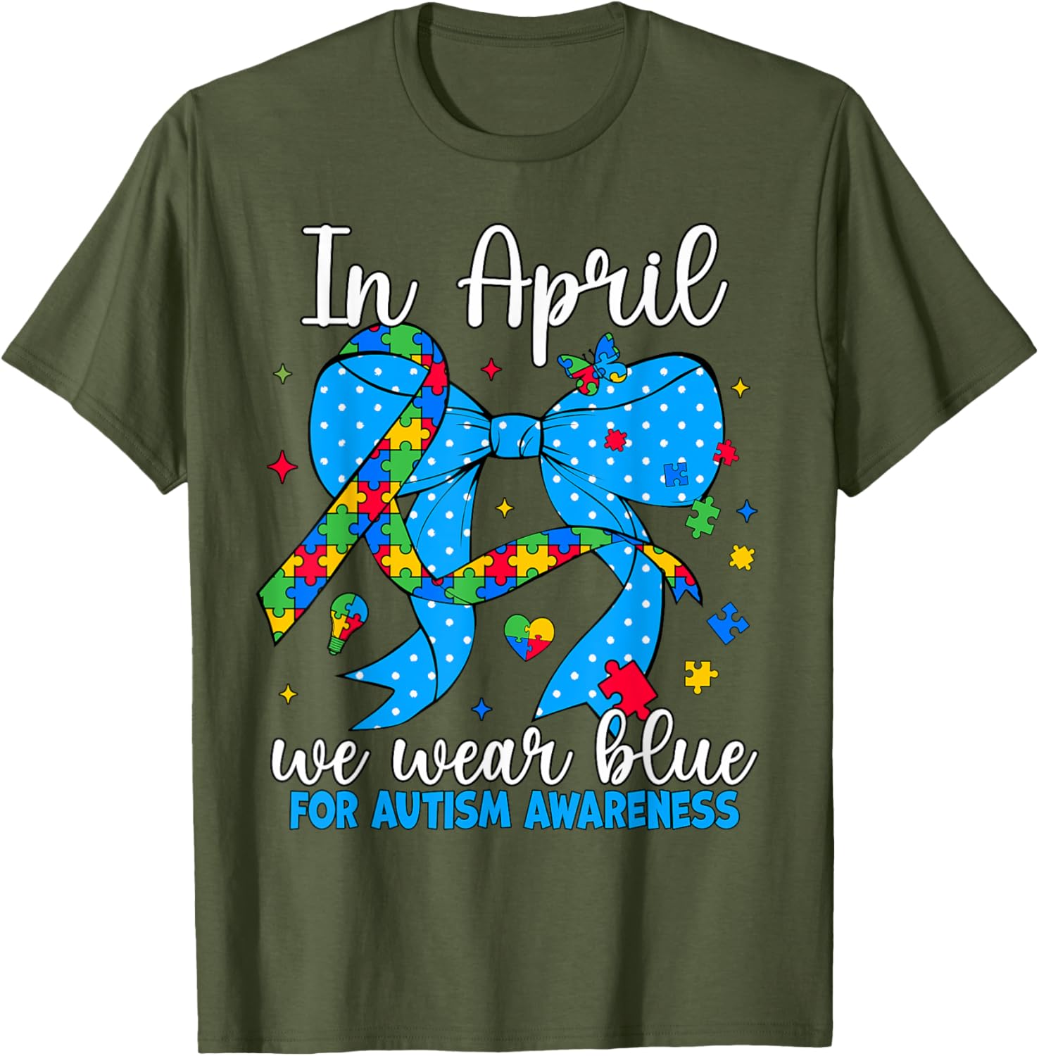 April Autism Awareness Blue Coquette Bow Puzzle T-Shirt for Support - 16