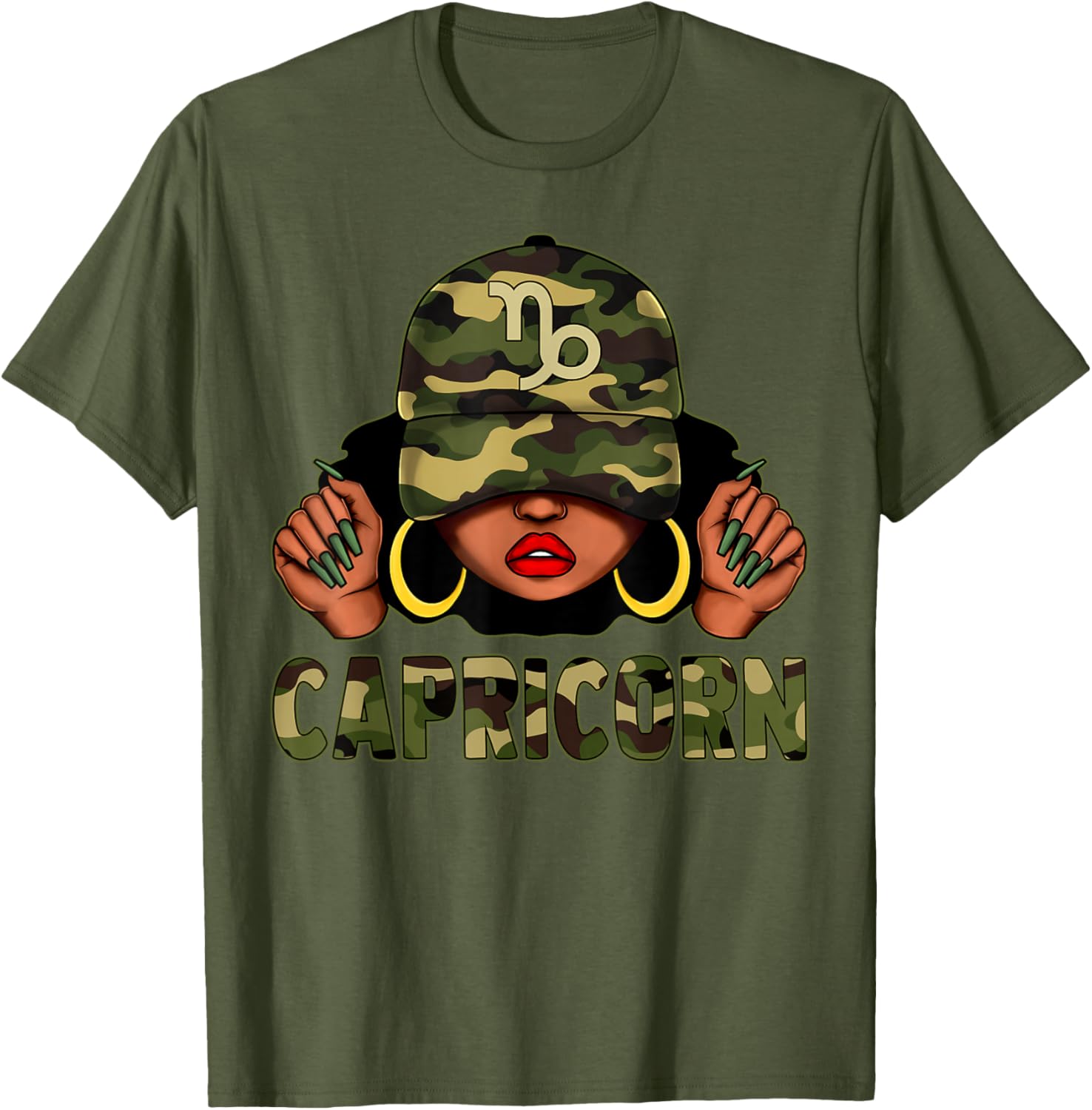 Capricorn Queen Black Woman with Camo Cap Afro Zodiac T-Shirt - 8