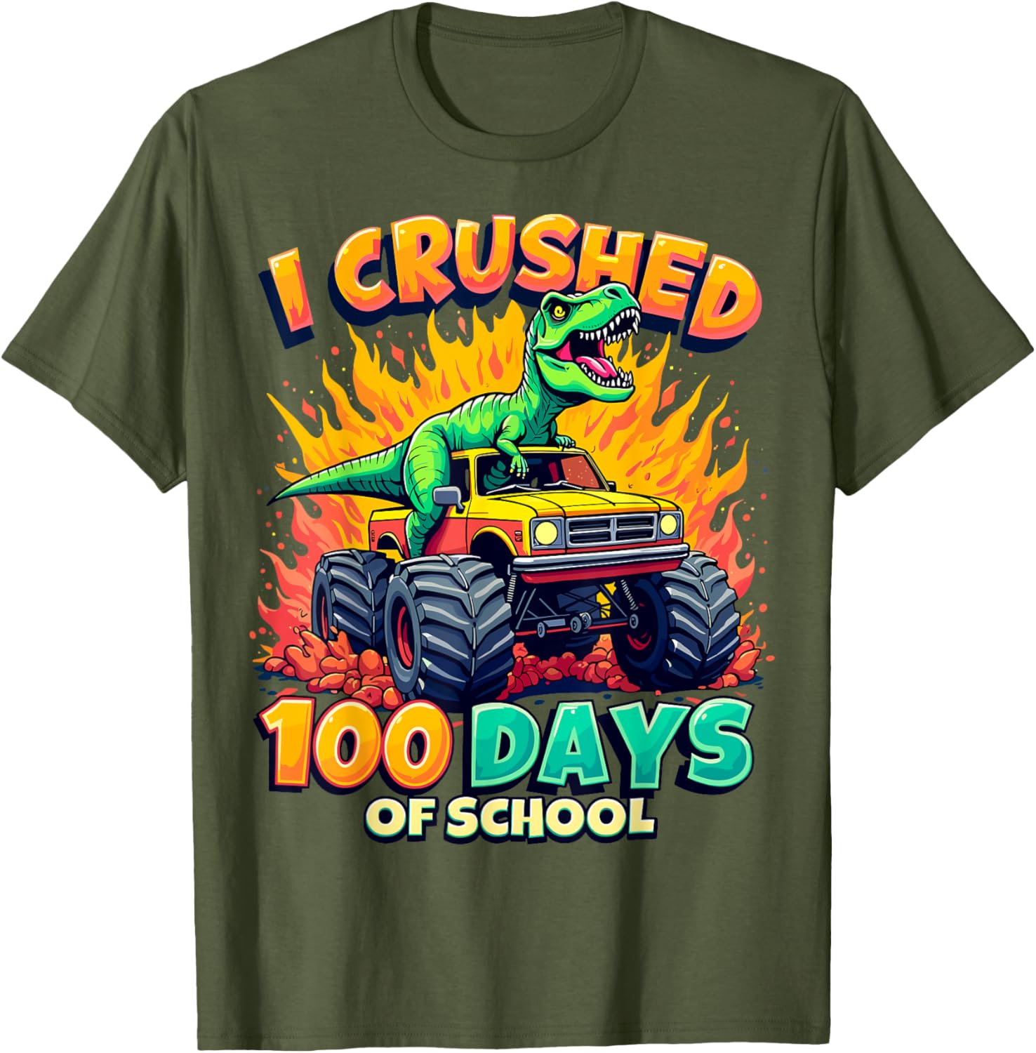 Crushed 100 Days of School Monster Truck Dinosaur T-Shirt for Kids - 7