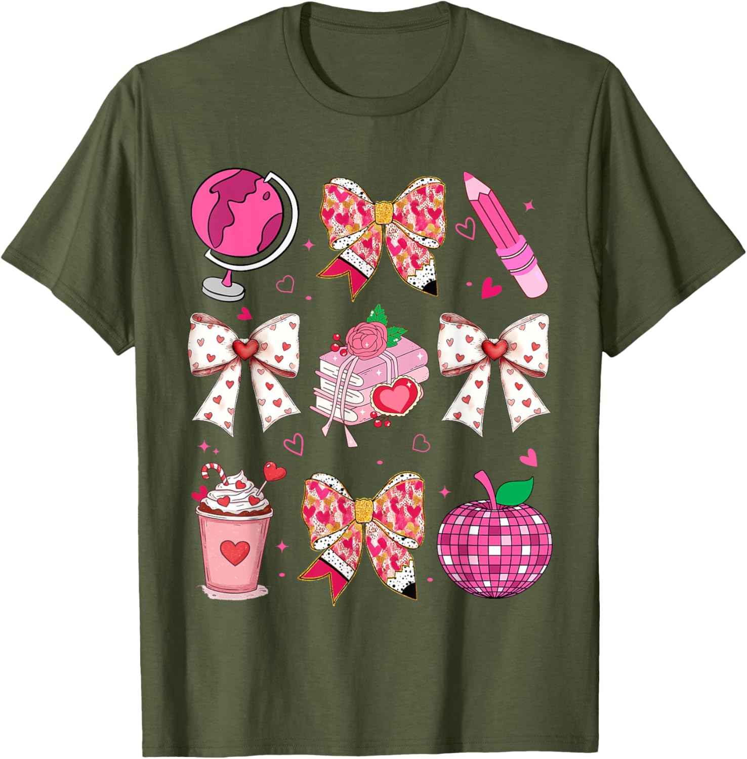 Valentine's Day Heart Bow T-Shirt for Teachers with Disco Ball Charm - 5