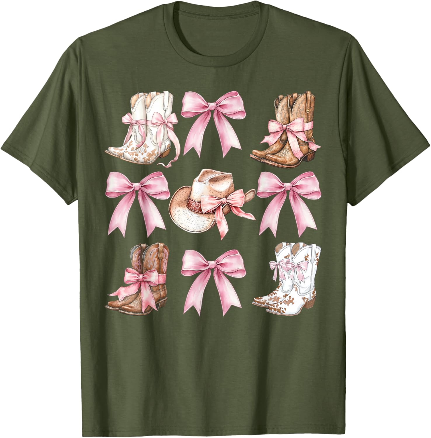 Coquette Cowgirl Boots with Pink Bows Stylish Y2K Womens T-Shirt - 14