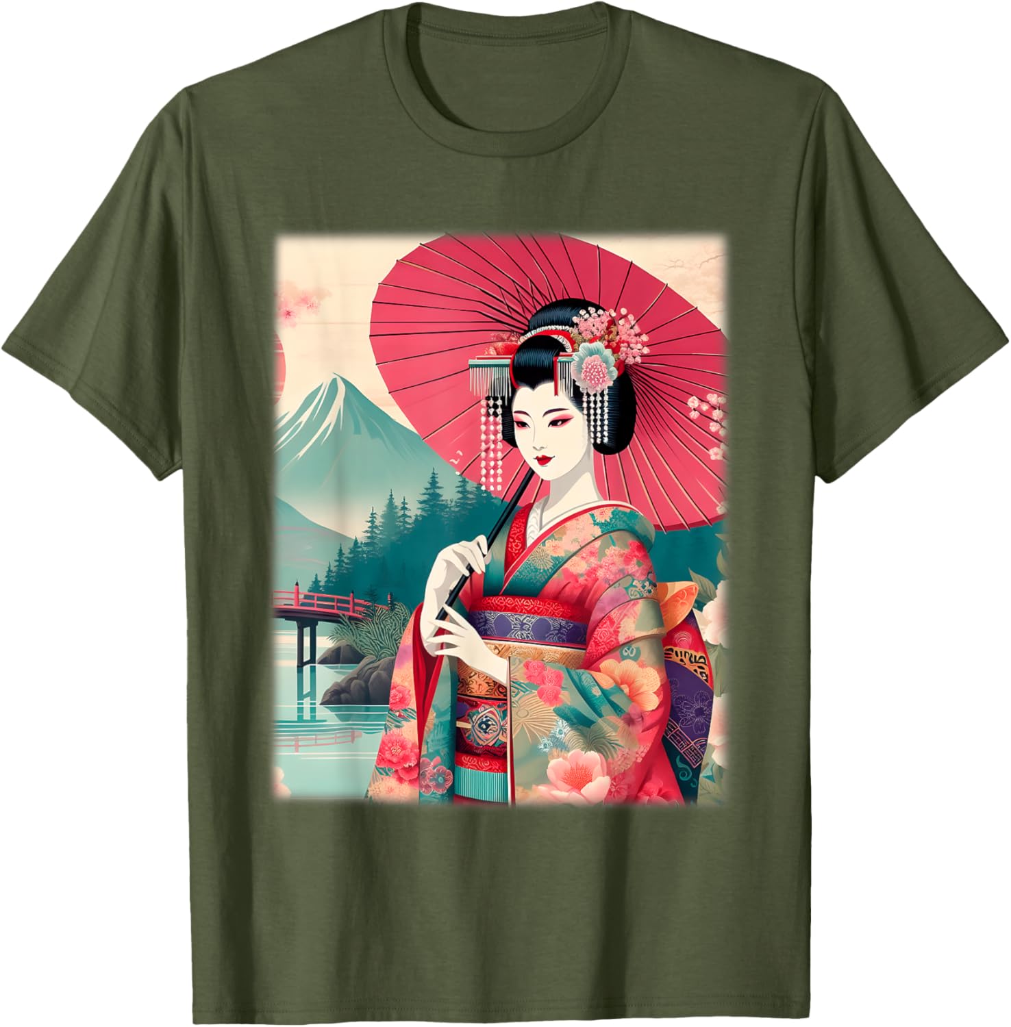 Traditional Japanese Geisha Women's T-Shirt with Hanami Woodblock Art - 5