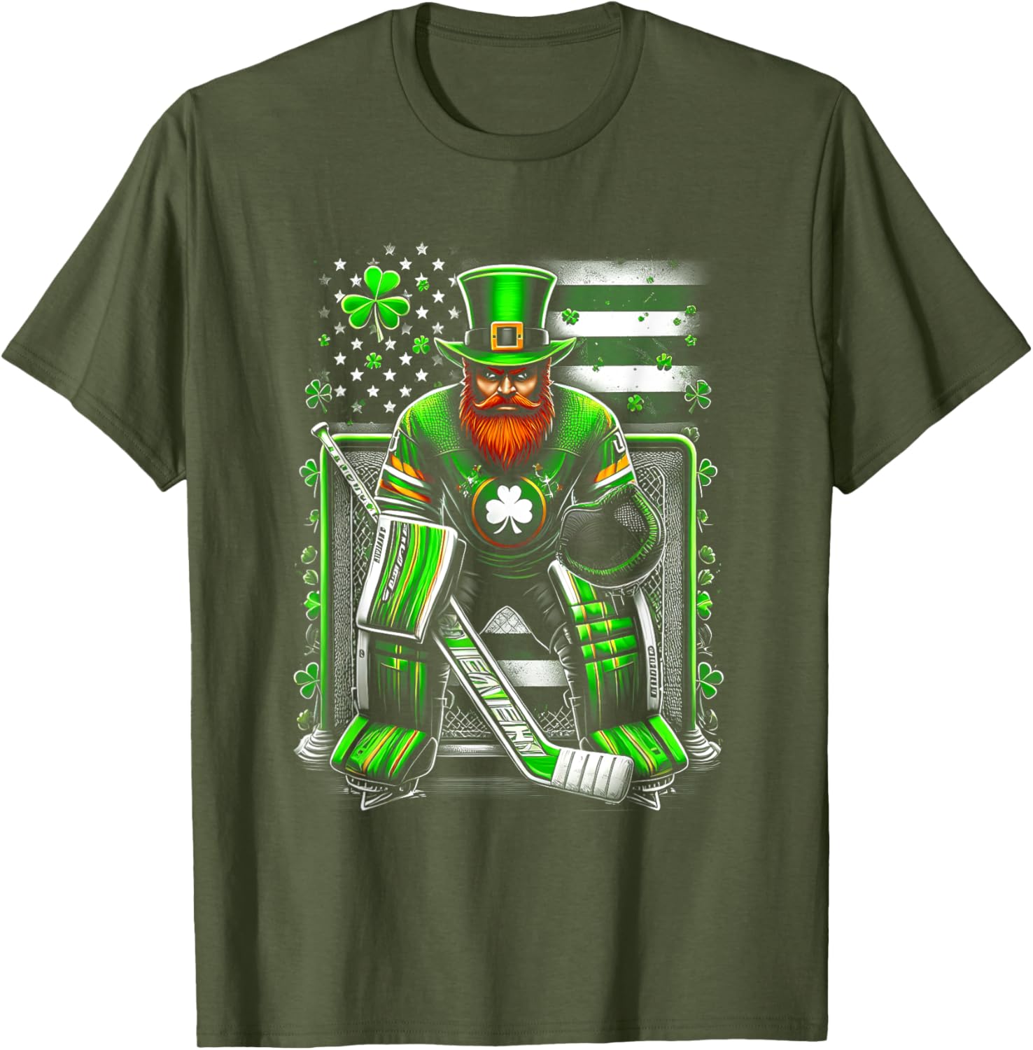 American Flag Hockey Goalie Shamrock T-Shirt for Saint Patrick's Day - 3