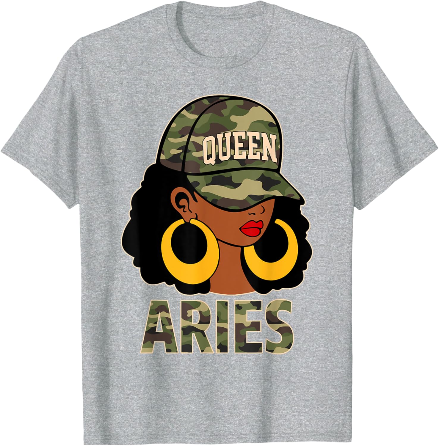 Chic Aries Queen Black Woman Cap Hat and Camo Afro Girl Zodiac T-Shirt - 2