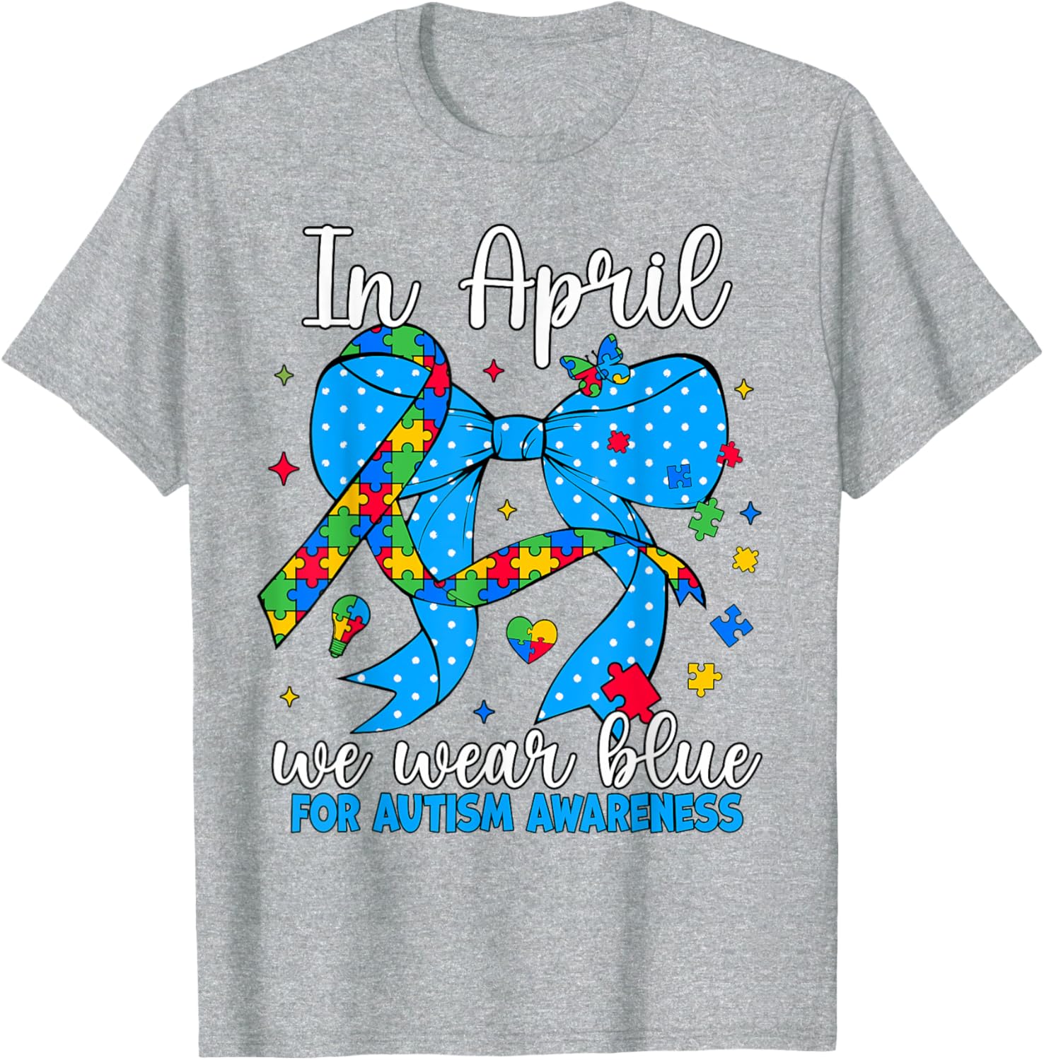April Autism Awareness Blue Coquette Bow Puzzle T-Shirt for Support - 13
