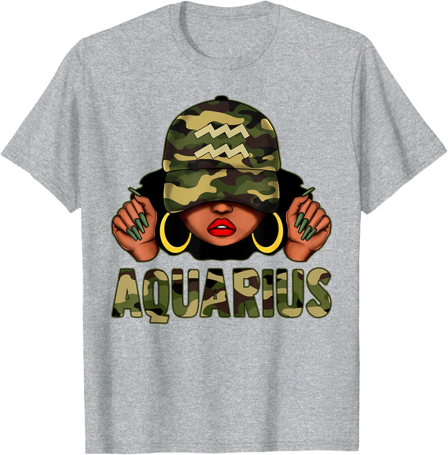 Aquarius Queen Black Woman Camo Afro T-Shirt Stylish Zodiac Apparel - 1