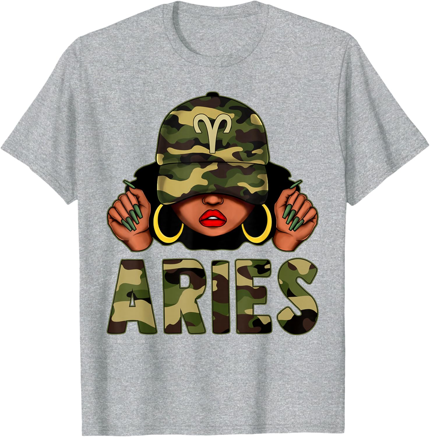 Aries Queen Black Woman Wearing Camo Cap Afro Zodiac T-Shirt - 14