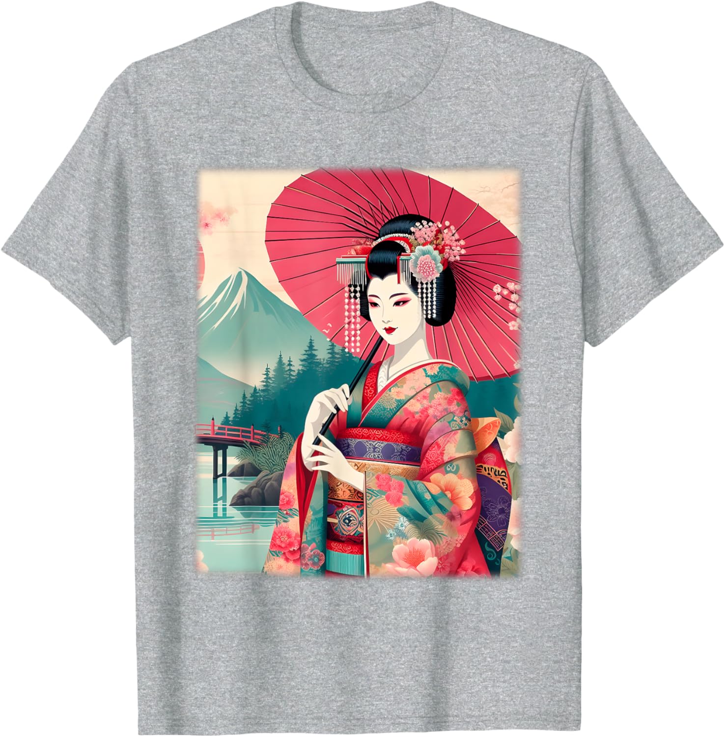 Traditional Japanese Geisha Women's T-Shirt with Hanami Woodblock Art - 22